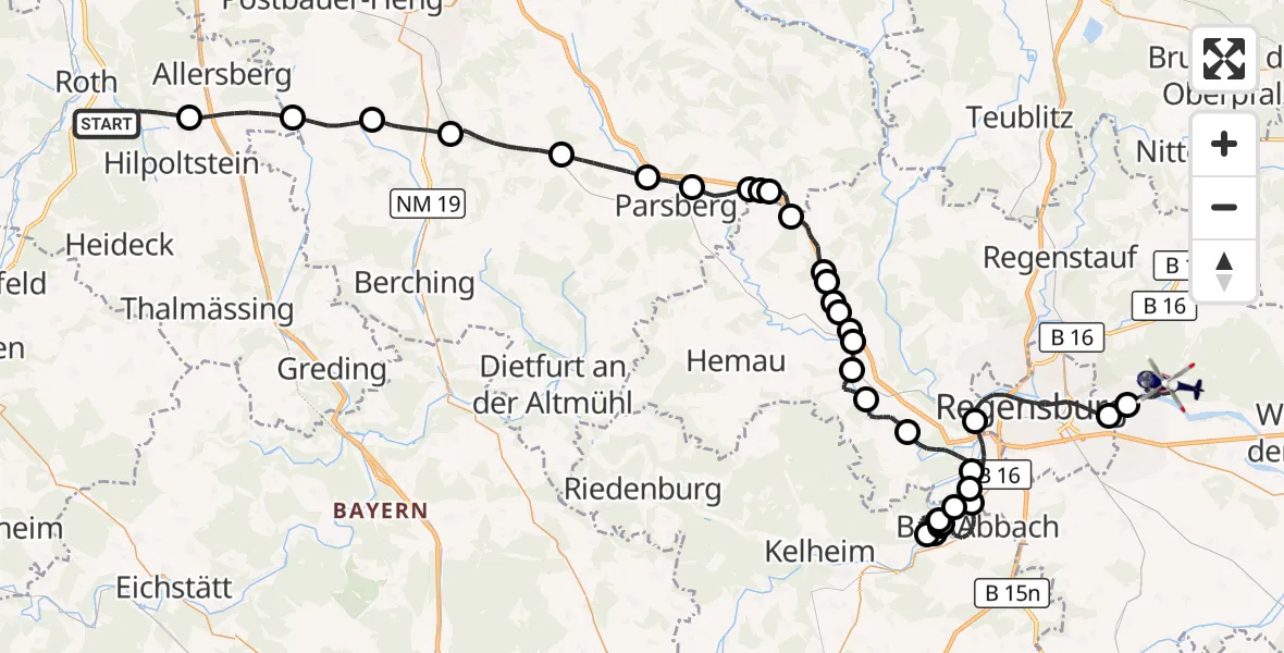 Flugroute Polizeihubschrauber Roth - Donaustauf, 07 September 2026, 09:01