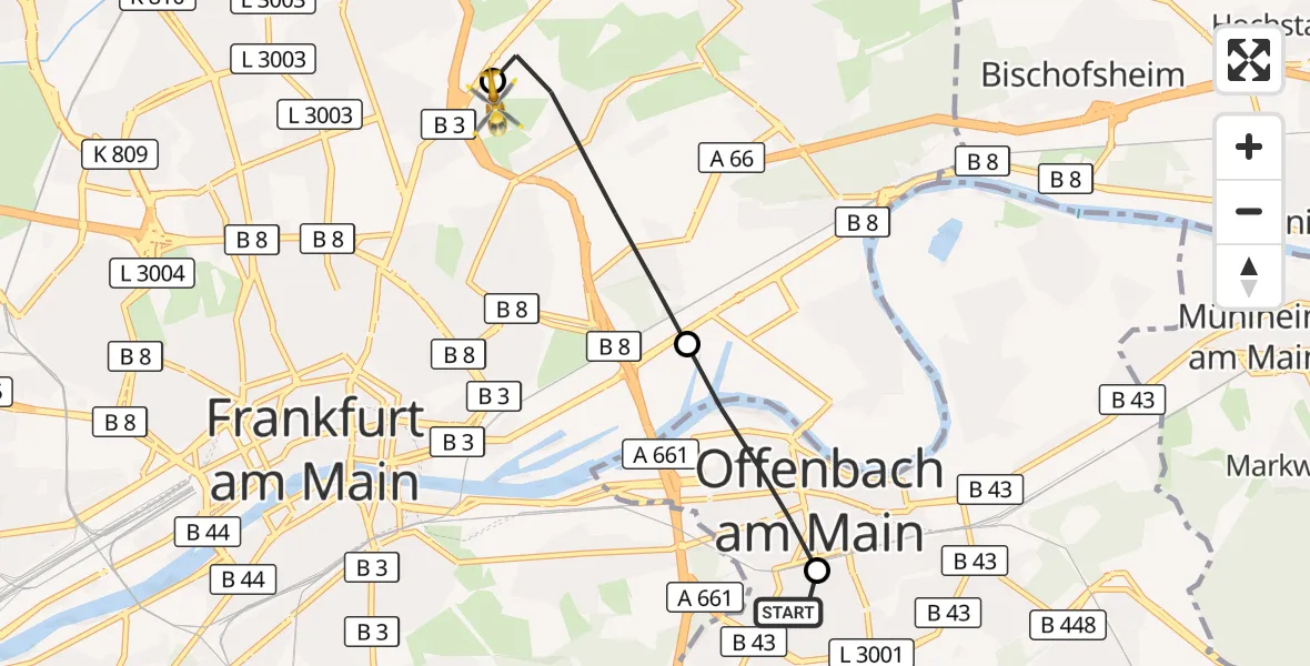 Flugroute Rettungshubschrauber Sana Hospital Offenbach - Frankfurt am Main Accident Hospital Roof Helipad (CHX2), 07 September 2026, 09:06