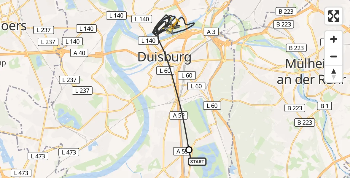 Flugroute Rettungshubschrauber Duisburg Air Rescue Hubschrauberlandeplatz (Christoph 9) - Duisburg, 07 September 2026, 09:07