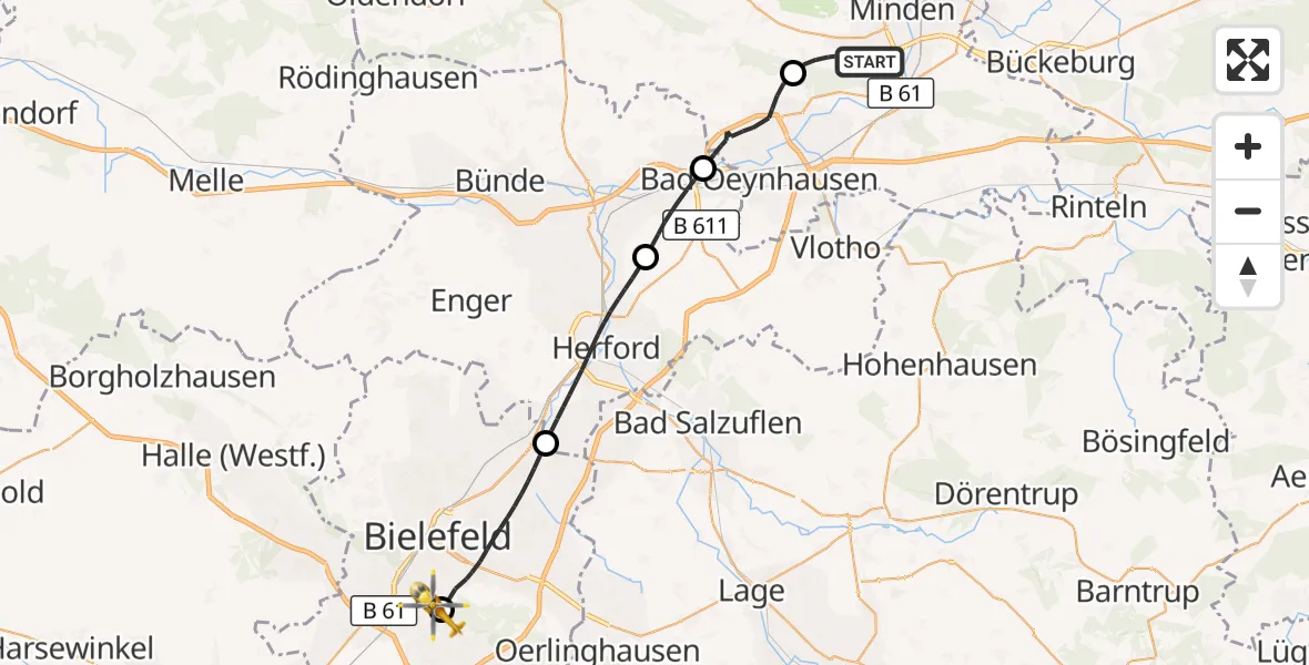 Flugroute Rettungshubschrauber Minden - Luftrettungszentrum Bielefeld, 07 September 2026, 09:10