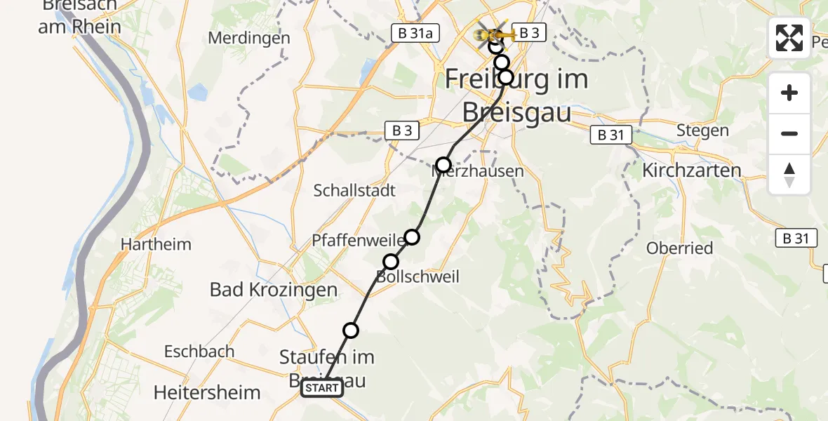 Flugroute Ambulanzhubschrauber Staufen im Breisgau - Freiburg im Breisgau Flugplatz, 07 September 2026, 09:11