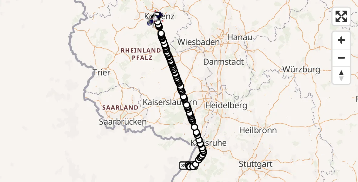 Flugroute Polizeihubschrauber Karlsruhe Baden-Baden Flughafen - Koblenz-Winningen Flugplatz, 07 September 2026, 09:18