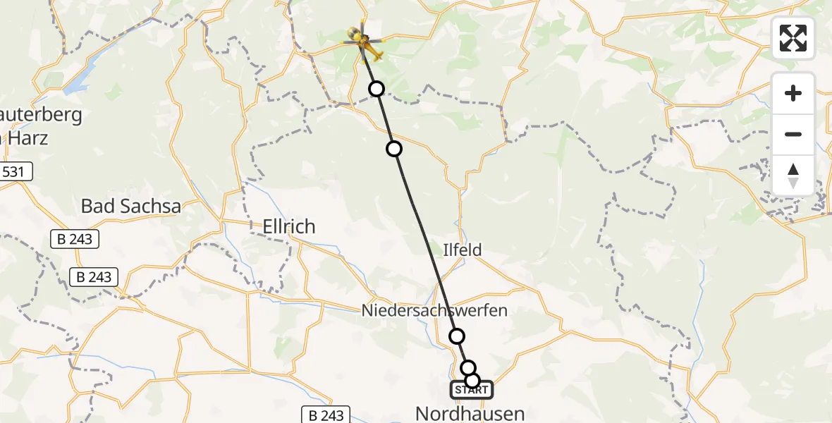 Flugroute Rettungshubschrauber Südharz Hospital Nordhausen - Oberharz am Brocken, 07 September 2026, 09:18