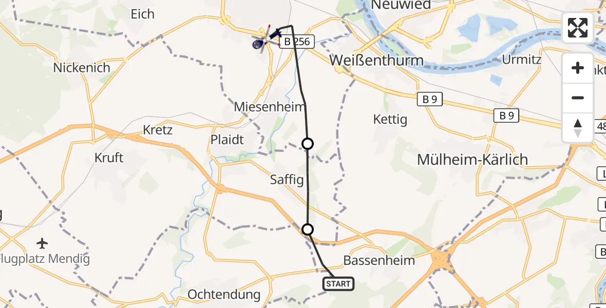 Flugroute Polizeihubschrauber Bassenheim - Andernach, 07 September 2026, 09:23
