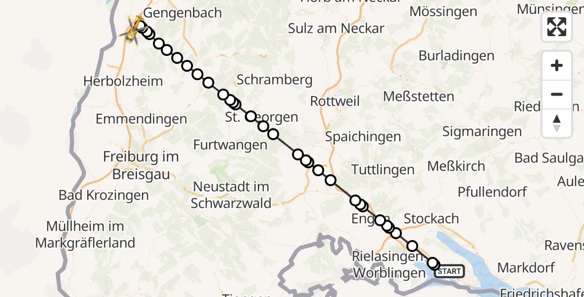 Flugroute Rettungshubschrauber Allensbach - Lahr Flughafen, 07 September 2026, 09:25
