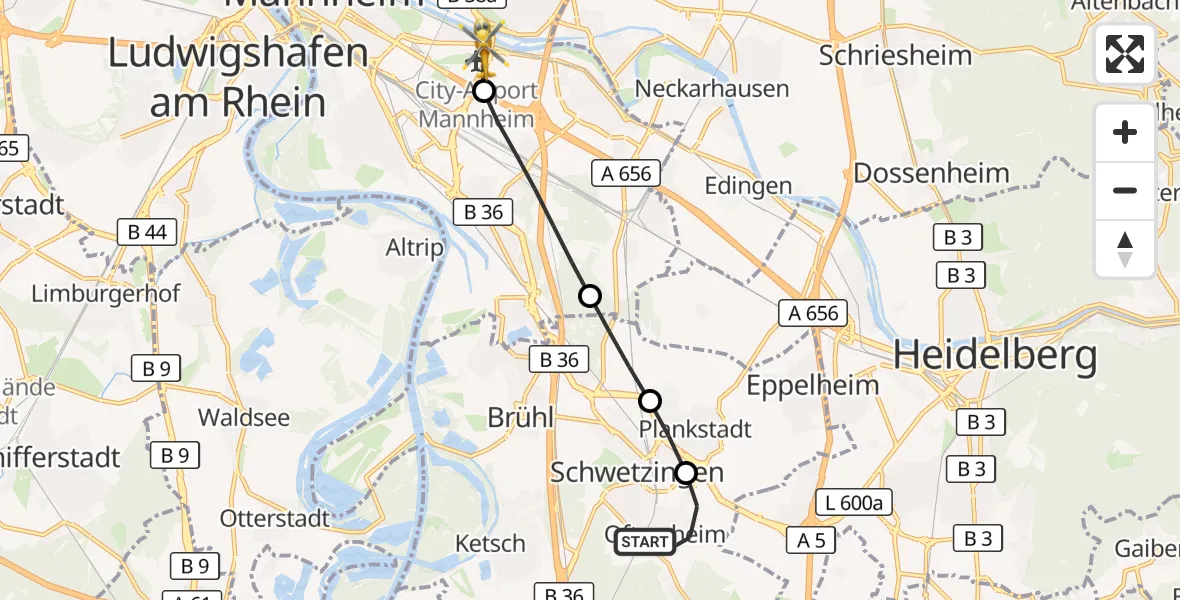 Flugroute Rettungshubschrauber Oftersheim - Mannheim-City Flughafen, 07 September 2026, 09:30
