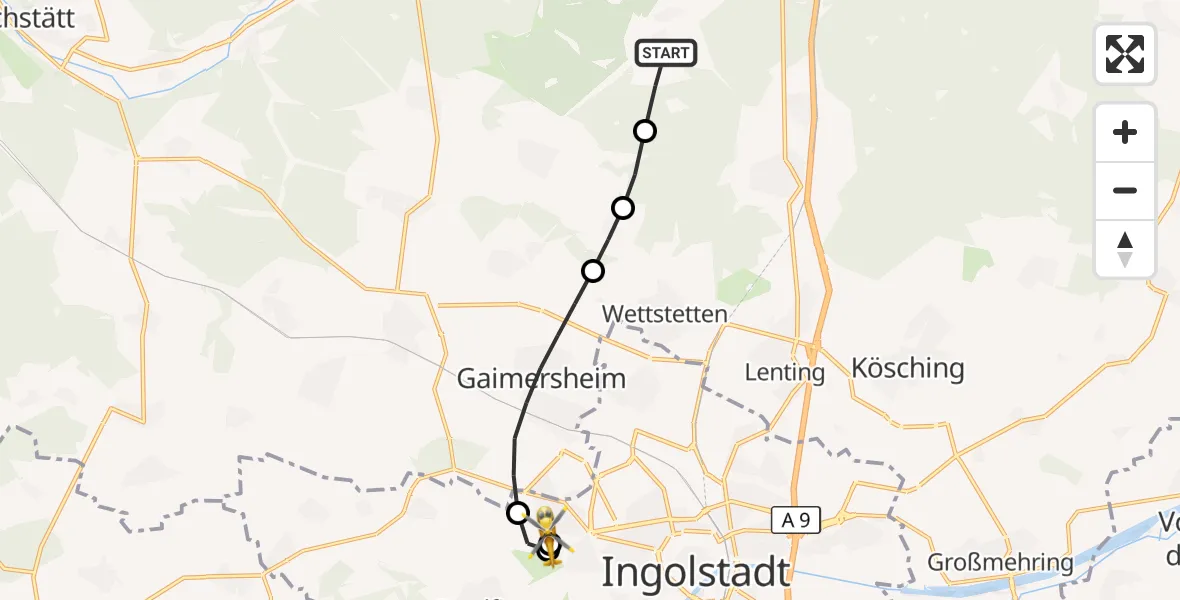 Flugroute Rettungshubschrauber Kipfenberg - Ingolstadt Hospital, 07 September 2026, 09:38