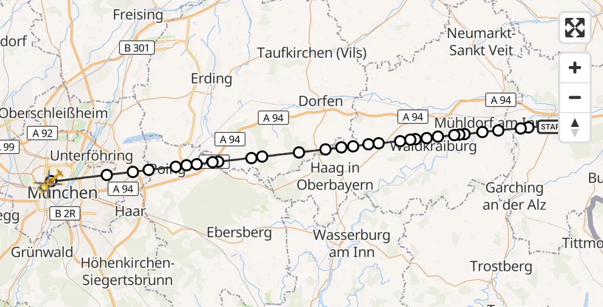 Flugroute Rettungshubschrauber Altötting - Deutsches Herzzentrum München, 07 September 2026, 09:38