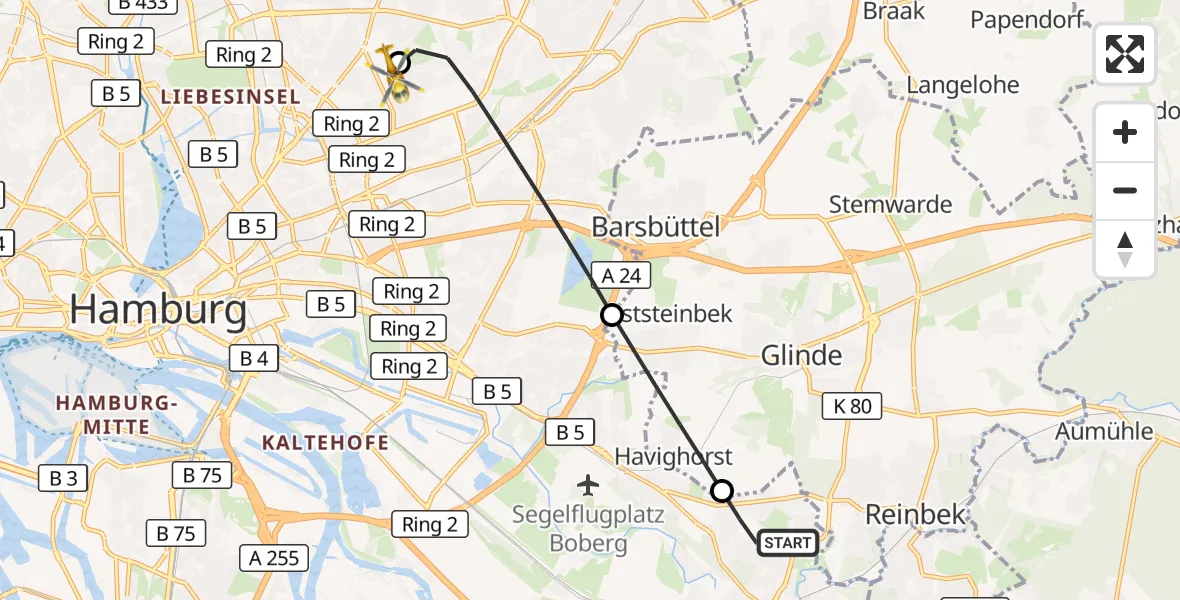 Flugroute Rettungshubschrauber Hamburg - Hamburg Military Hospital, 07 September 2026, 09:40