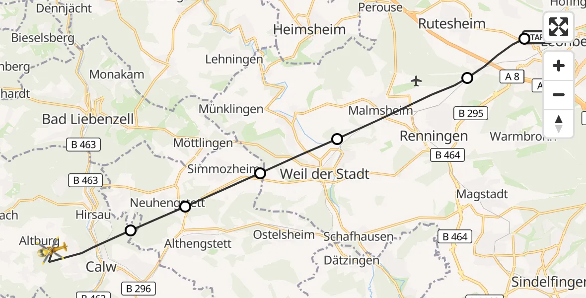 Flugroute Rettungshubschrauber Leonberg Hospital - Calw, 07 September 2026, 09:43