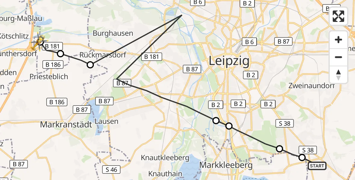 Flugroute Rettungshubschrauber Leipzig - ADAC Air Rescue Station Leipzig/Schkeuditz-Dölzig Hubschrauberlandeplatz (Christoph 61), 07 September 2026, 09:51