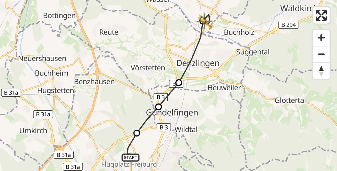 Flugroute Ambulanzhubschrauber Freiburg im Breisgau Flugplatz - Sexau, 07 September 2026, 09:52