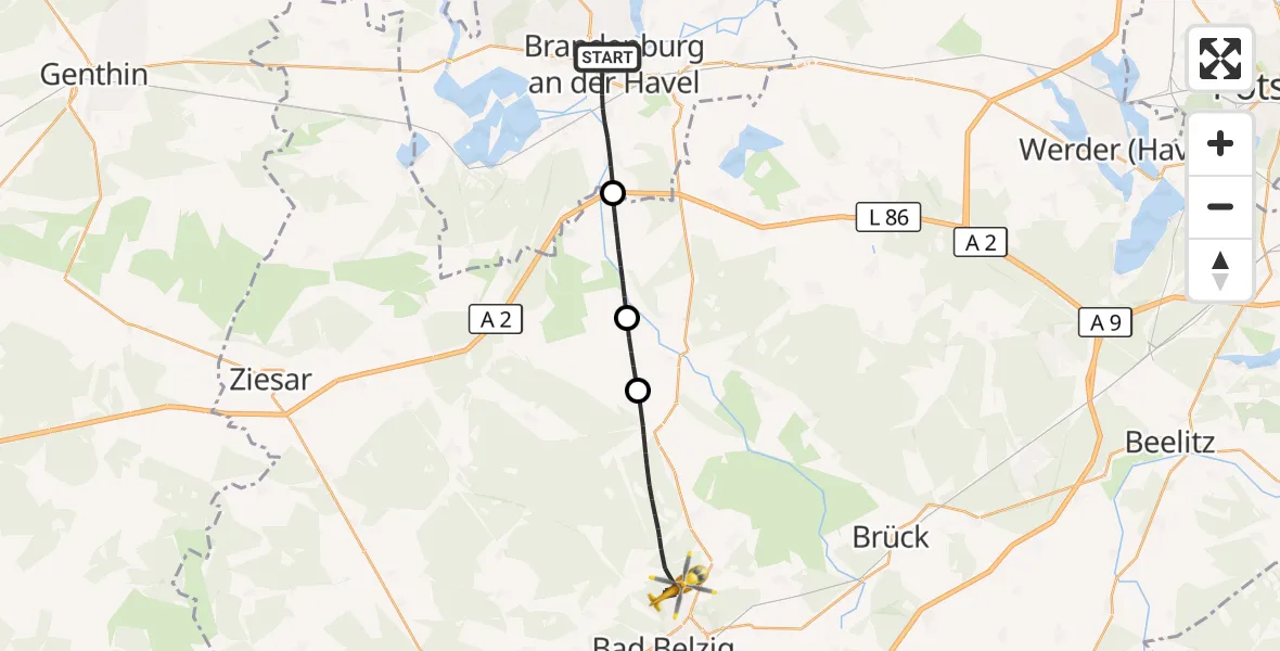 Flugroute Rettungshubschrauber Brandenburg an der Havel - Bad Belzig, 07 September 2026, 09:53