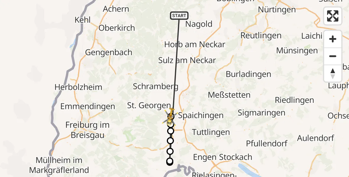 Flugroute Ambulanzhubschrauber Altensteig - DRF Air Rescue Station Villingen-Schwenningen Hubschrauberlandeplatz (Christoph 11), 07 September 2026, 09:57