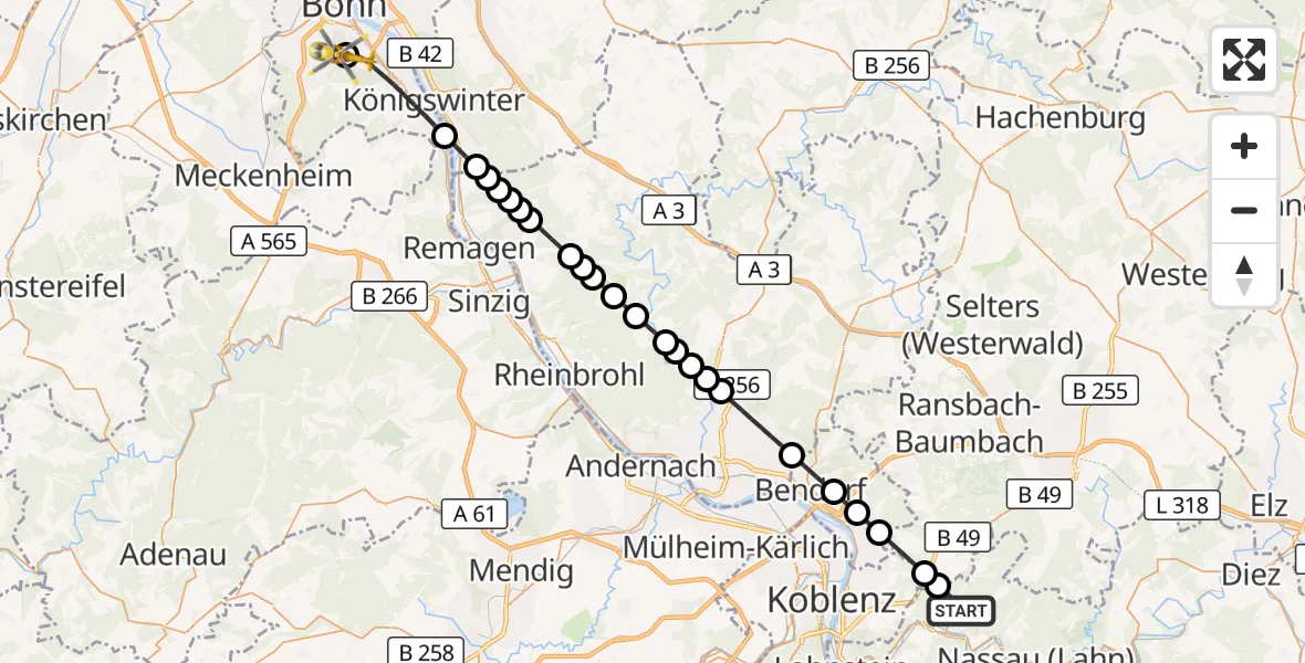 Flugroute Rettungshubschrauber Bad Ems - Bonn University Hospital, 07 September 2026, 10:02