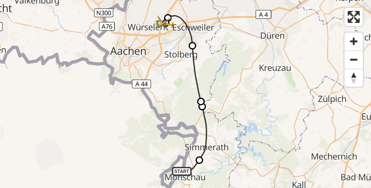 Flugroute Rettungshubschrauber Monschau - Aachen-Merzbrück Flughafen, 07 September 2026, 10:09