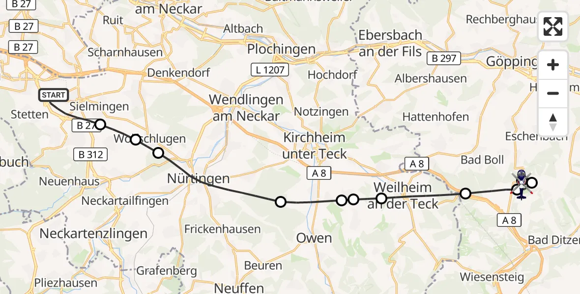Flugroute Polizeihubschrauber Flughafen Stuttgart - Gruibingen-Nortel Flugplatz, 07 September 2026, 10:20