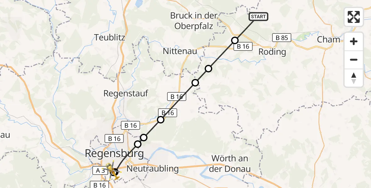 Flugroute Rettungshubschrauber Roding - DRF Air Rescue Station Regensburg / Regensburg University Hospital, 07 September 2026, 10:21
