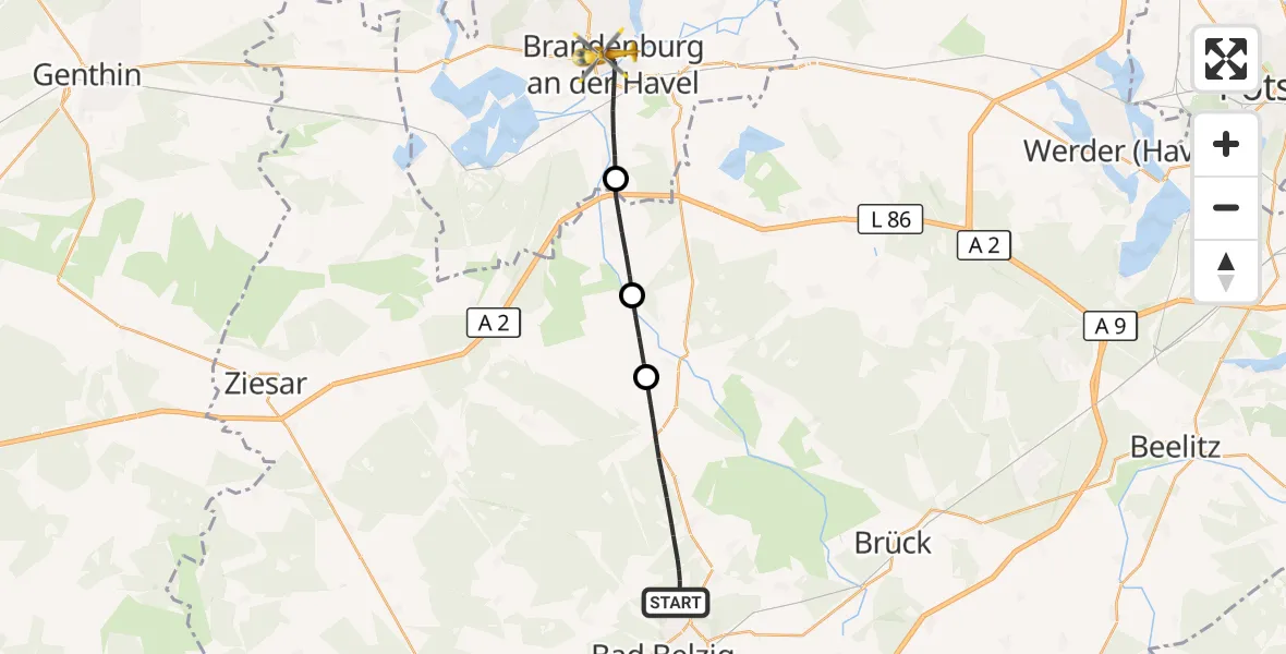 Flugroute Rettungshubschrauber Bad Belzig - Brandenburg an der Havel, 07 September 2026, 10:23