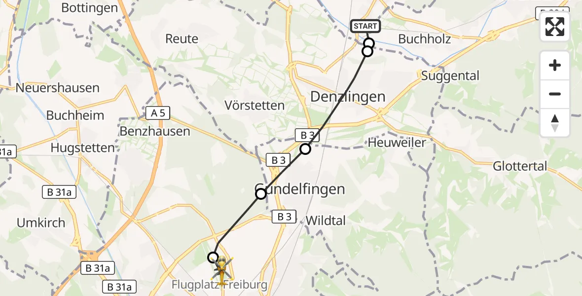 Flugroute Ambulanzhubschrauber Sexau - Freiburg im Breisgau Flugplatz, 07 September 2026, 10:30