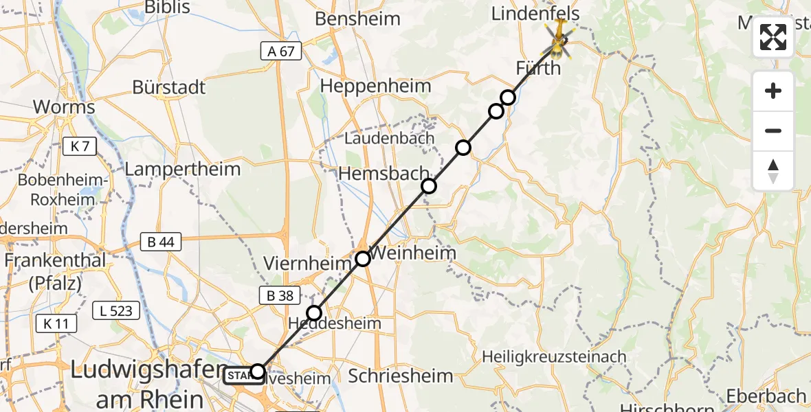 Flugroute Rettungshubschrauber Mannheim-City Flughafen - Fürth, 07 September 2026, 10:30
