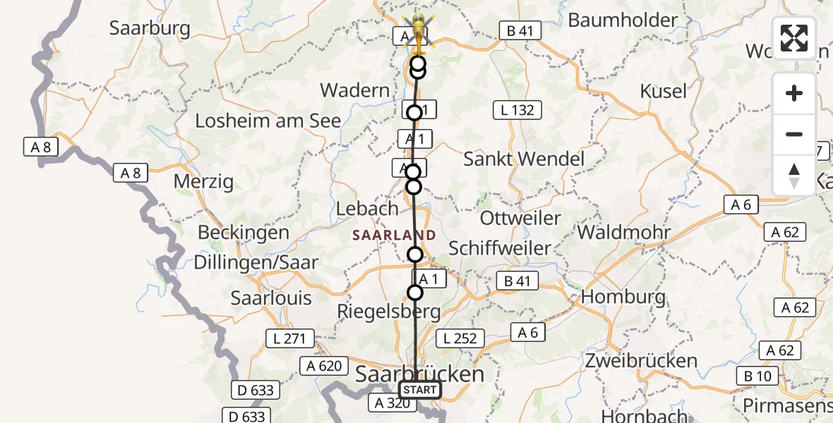 Flugroute Rettungshubschrauber Saarbrücken - Nonnweiler, 07 September 2026, 10:33