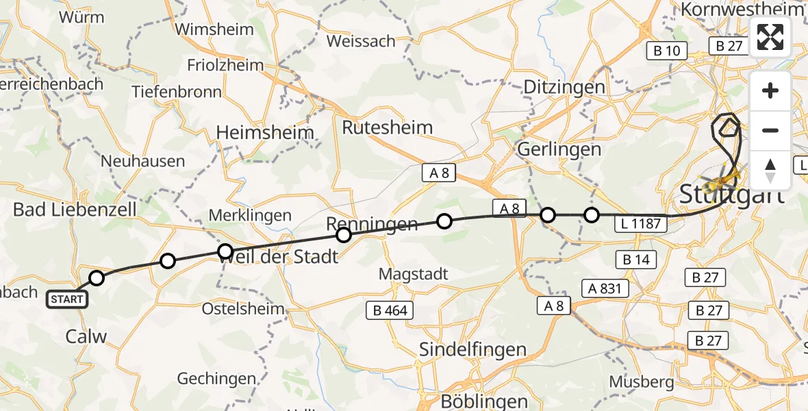 Flugroute Rettungshubschrauber Calw - Stuttgart, 07 September 2026, 10:41