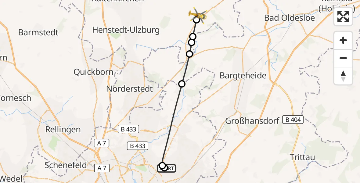 Flugroute Rettungshubschrauber Hamburg Military Hospital - Itzstedt, 07 September 2026, 10:49