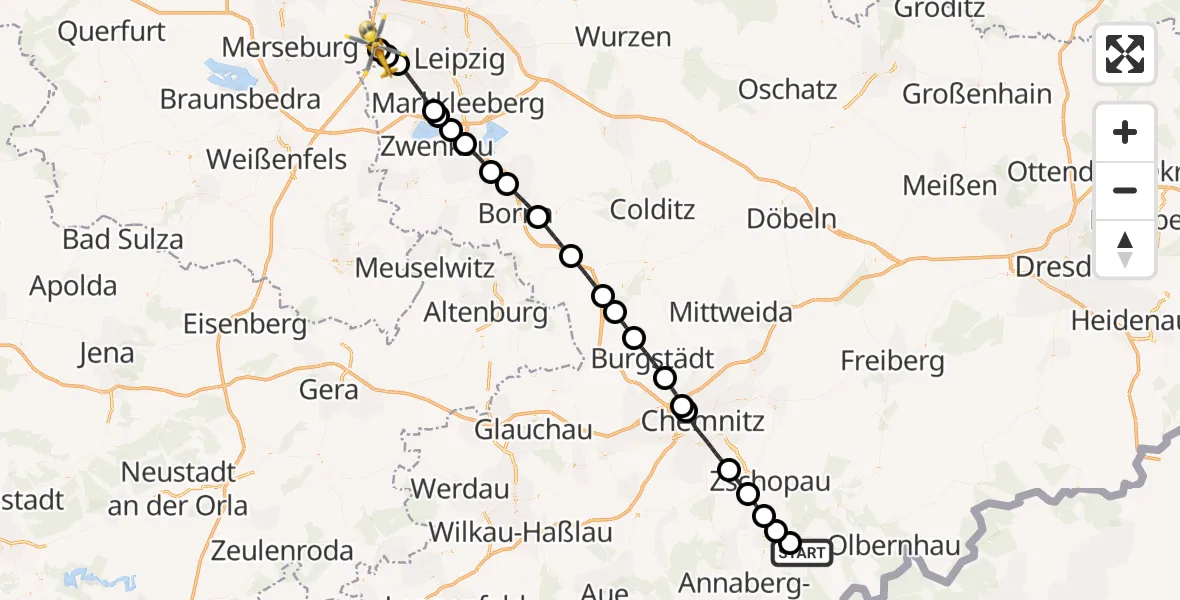 Flugroute Rettungshubschrauber Marienberg - ADAC Air Rescue Station Leipzig/Schkeuditz-Dölzig Hubschrauberlandeplatz (Christoph 61), 07 September 2026, 10:53