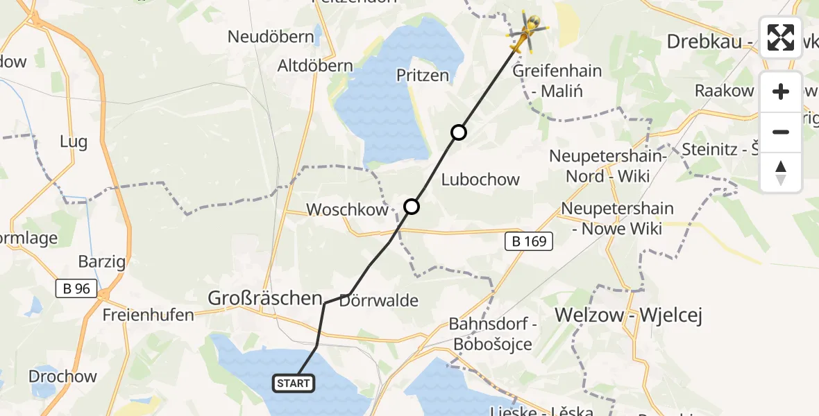 Flugroute Rettungshubschrauber Großräschen - Drebkau, 07 September 2026, 11:04