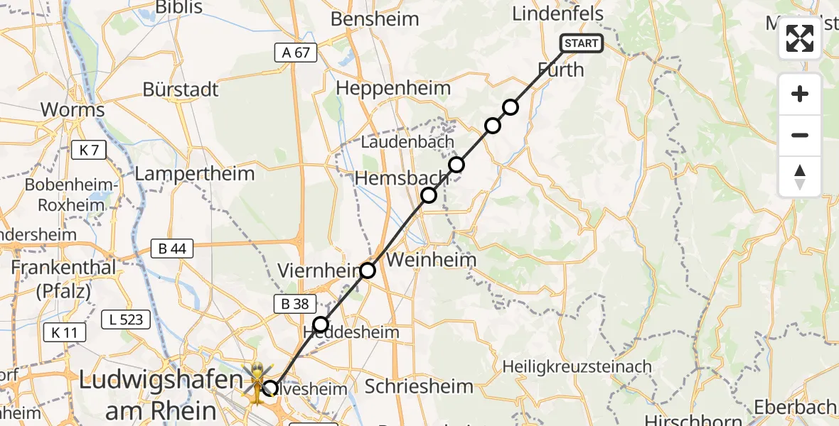 Flugroute Rettungshubschrauber Fürth - Mannheim-City Flughafen, 07 September 2026, 11:16