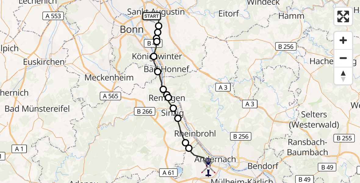 Flugroute Polizeihubschrauber Sankt Augustin - Andernach, 07 September 2026, 11:26
