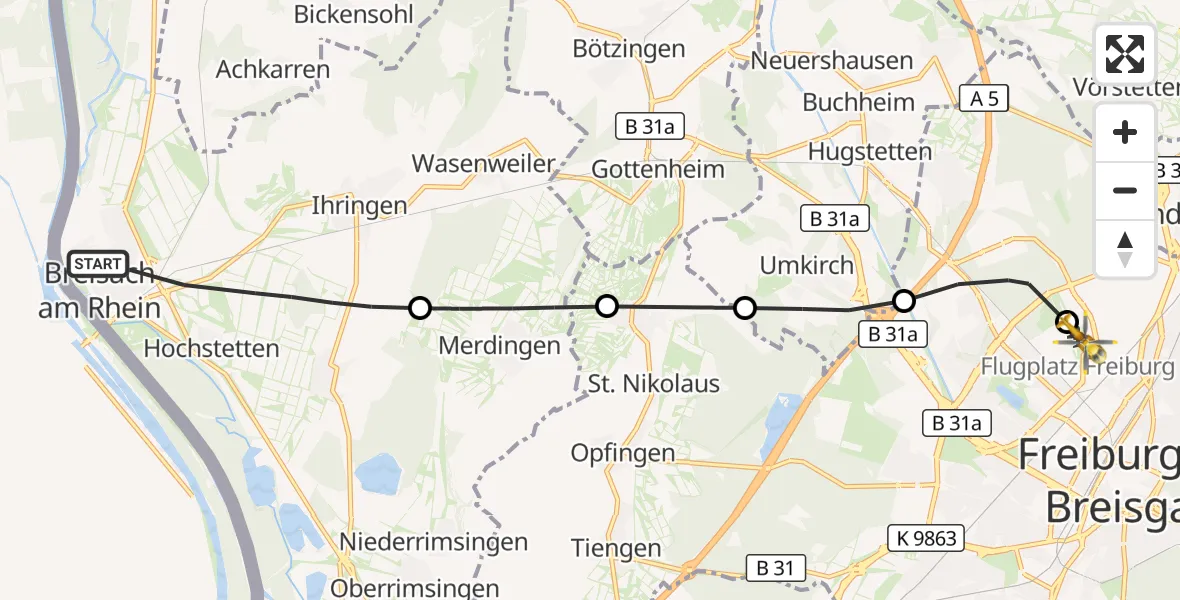 Flugroute Ambulanzhubschrauber Breisach am Rhein - Freiburg im Breisgau Flugplatz, 07 September 2026, 11:33