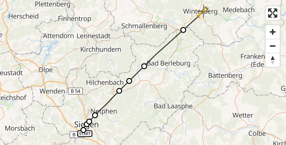 Flugroute Rettungshubschrauber Evangelisches Jung-Stilling Hospital - Winterberg, 07 September 2026, 11:35