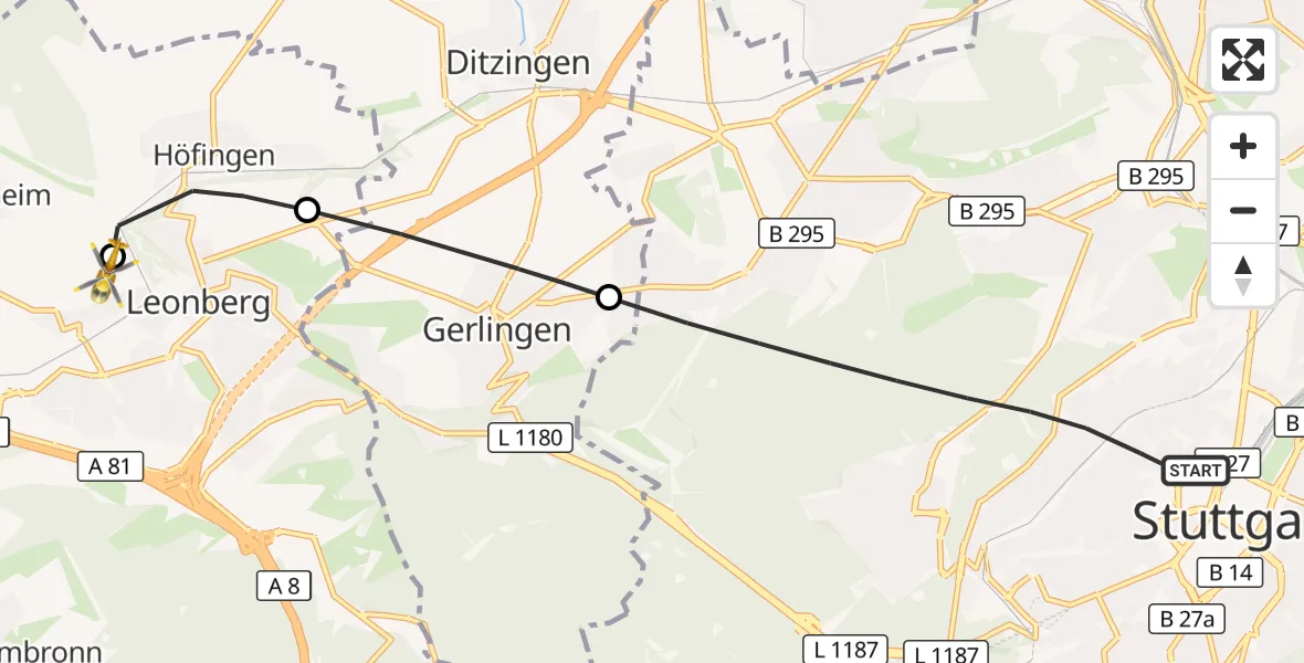 Flugroute Rettungshubschrauber Stuttgart - Leonberg Hospital, 07 September 2026, 11:40
