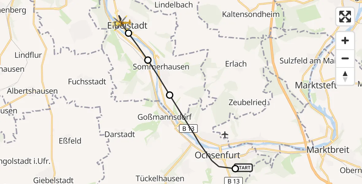 Flugroute Rettungshubschrauber Ochsenfurt Hospital - Eibelstadt, 07 September 2026, 11:48