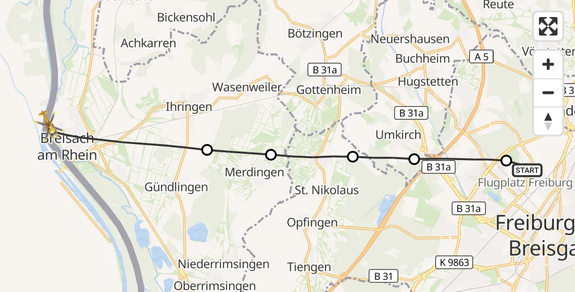 Flugroute Ambulanzhubschrauber Freiburg im Breisgau Flugplatz - Breisach am Rhein, 07 September 2026, 11:51