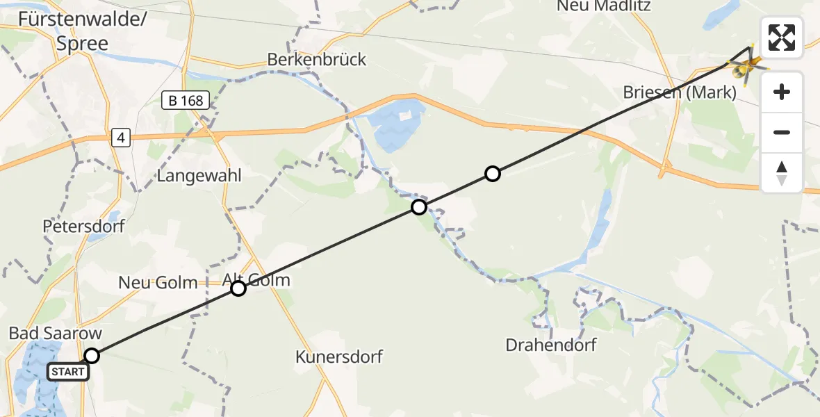 Flugroute Rettungshubschrauber Bad Saarow Hospital - Briesen (Mark), 07 September 2026, 11:53