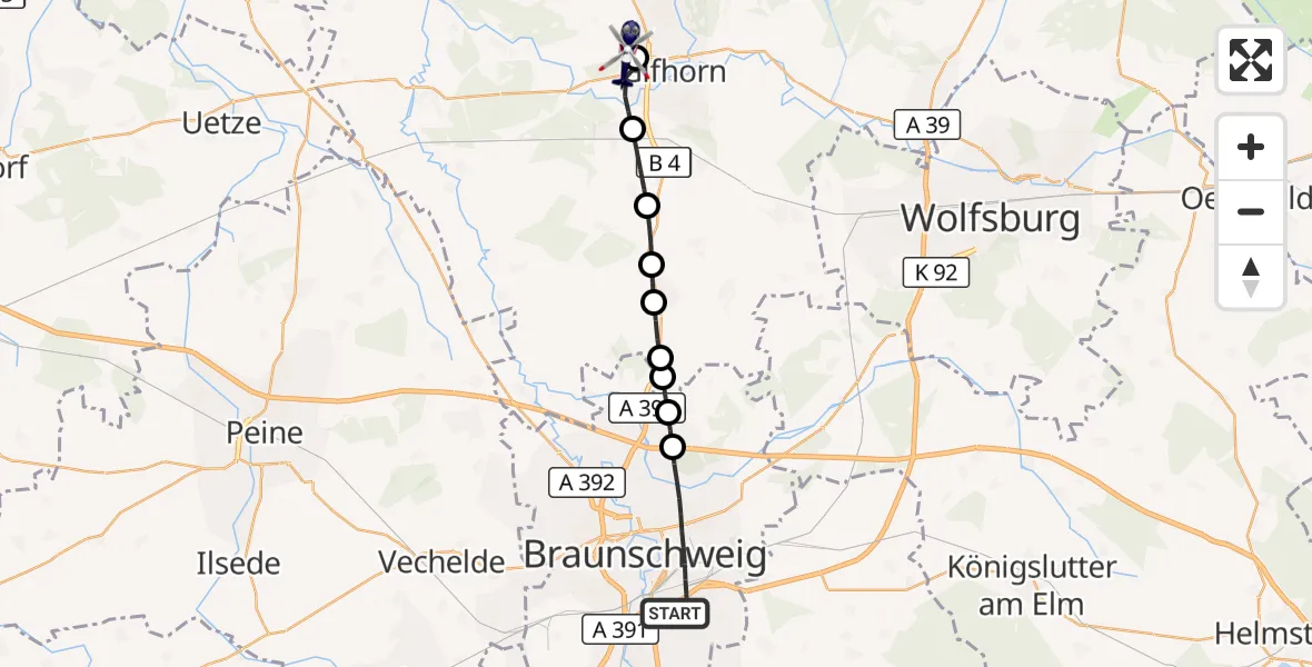 Flugroute Polizeihubschrauber Braunschweig - Gifhorn Bundespolizei Hubschrauberlandeplatz, 07 September 2026, 11:55