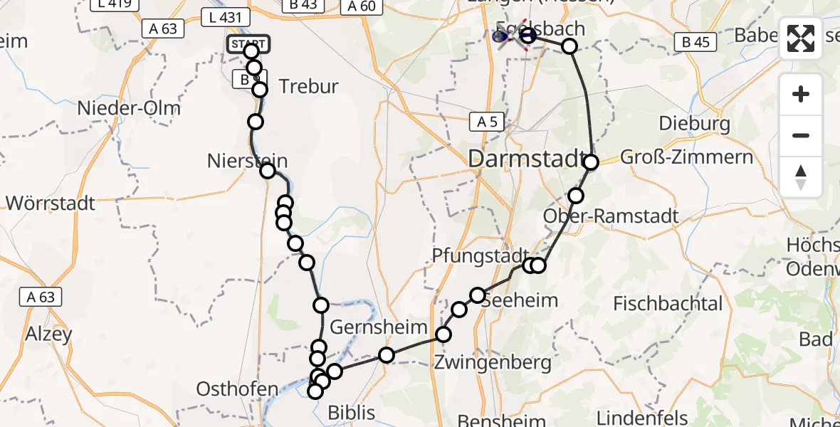 Flugroute Polizeihubschrauber Ginsheim-Gustavsburg - Flughafen Frankfurt-Egelsbach, 07 September 2026, 11:55