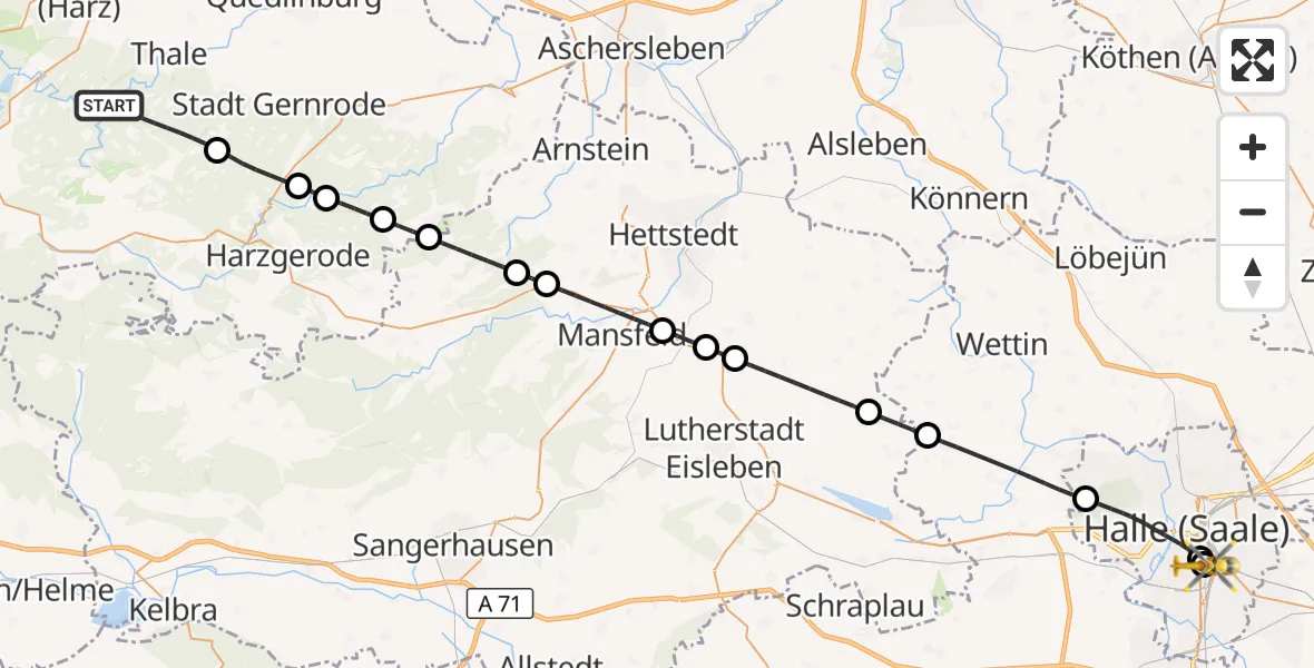 Flugroute Rettungshubschrauber Thale - BG Hospital Bergmannstrost Halle, 07 September 2026, 12:03