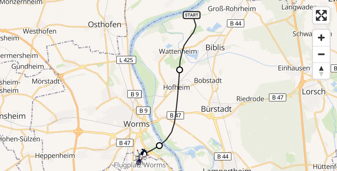 Flugroute Polizeihubschrauber Biblis - Worms Flugplatz, 07 September 2026, 12:04