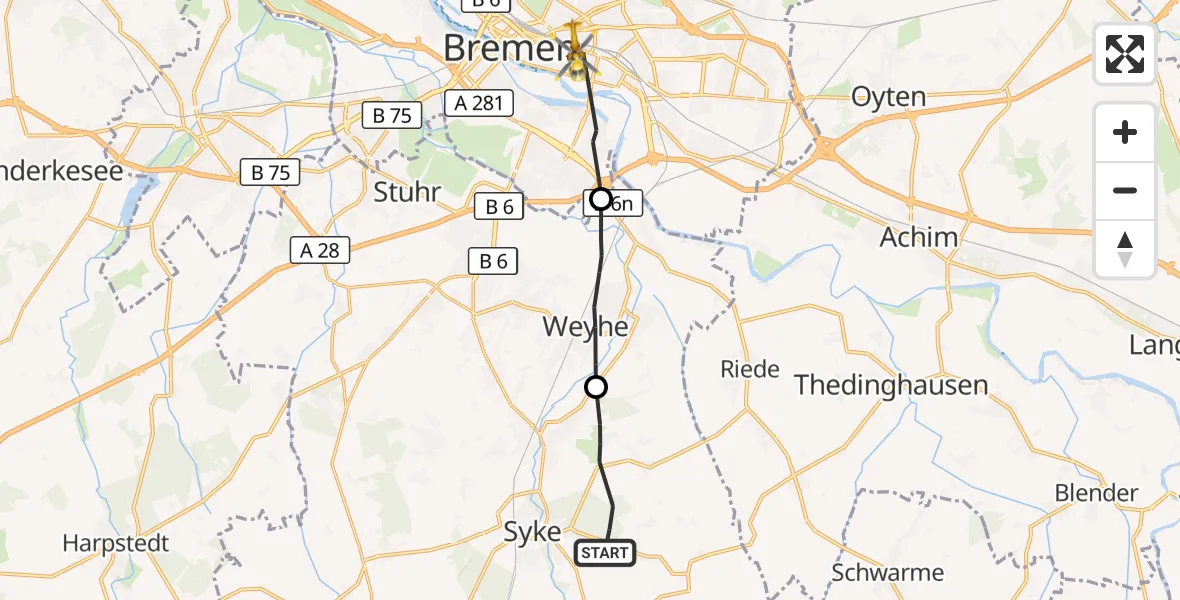 Flugroute Rettungshubschrauber Syke - Bremen, 07 September 2026, 12:06