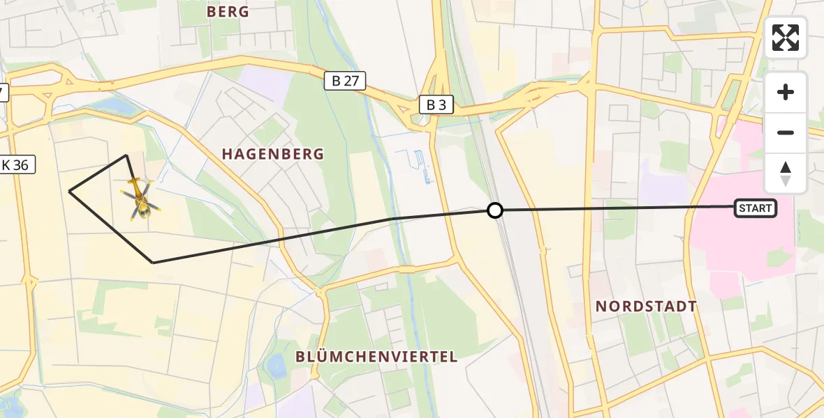 Flugroute Rettungshubschrauber Göttingen University Clinic Hubschrauberlandeplatz - Göttingen, 07 September 2026, 12:07