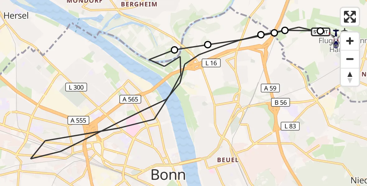 Flugroute Polizeihubschrauber Bonn-Hangelar Flugplatz - Bonn-Hangelar Flugplatz, 07 September 2026, 12:07