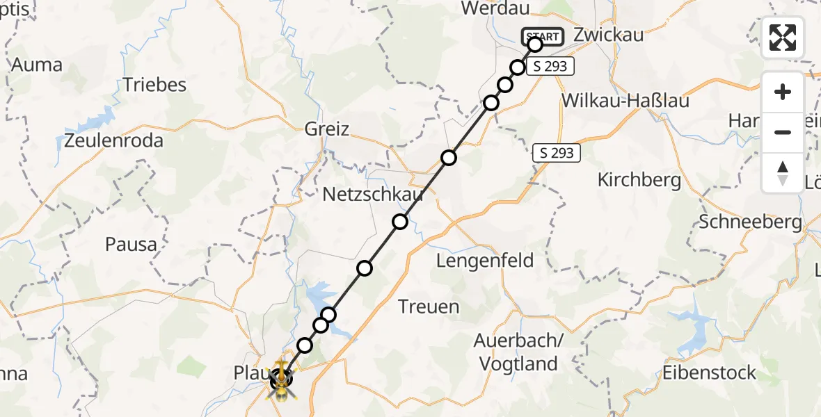 Flugroute Rettungshubschrauber ADAC Air Rescue Station Zwickau Hubschrauberlandeplatz - Helios Clinic Plauen, 07 September 2026, 12:16