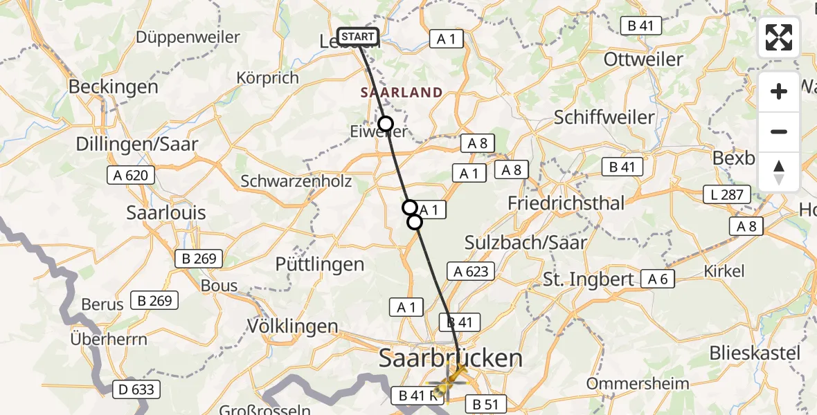 Flugroute Rettungshubschrauber Lebach - Saarbrücken, 07 September 2026, 12:17