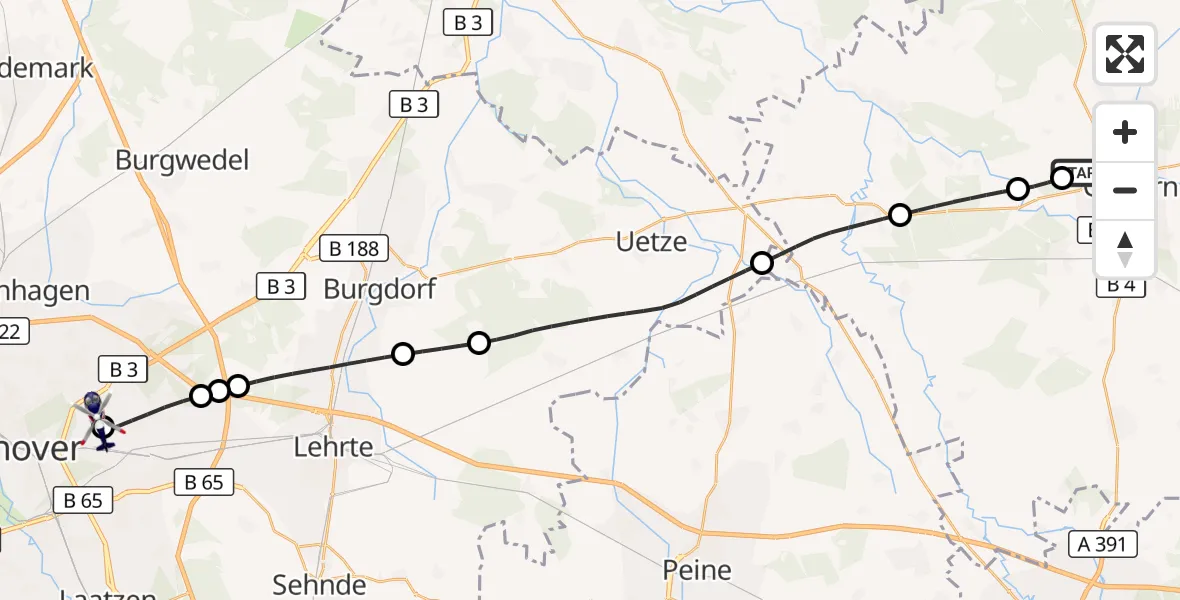Flugroute Polizeihubschrauber Gifhorn Bundespolizei Hubschrauberlandeplatz - Hannover Luftrettung Hubschrauberlandeplatz (Christoph 4), 07 September 2026, 12:22