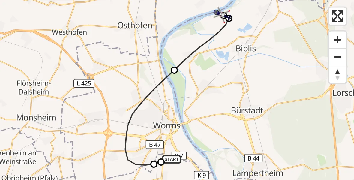 Flugroute Polizeihubschrauber Worms Flugplatz - Biblis, 07 September 2026, 12:29