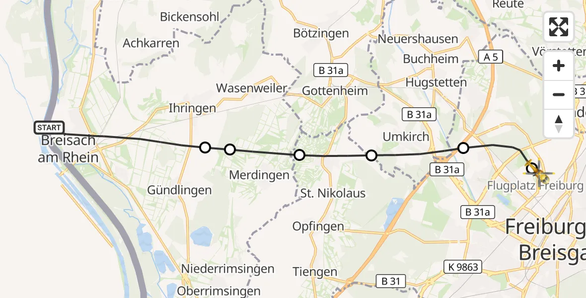 Flugroute Ambulanzhubschrauber Breisach am Rhein - Freiburg im Breisgau Flugplatz, 07 September 2026, 12:38